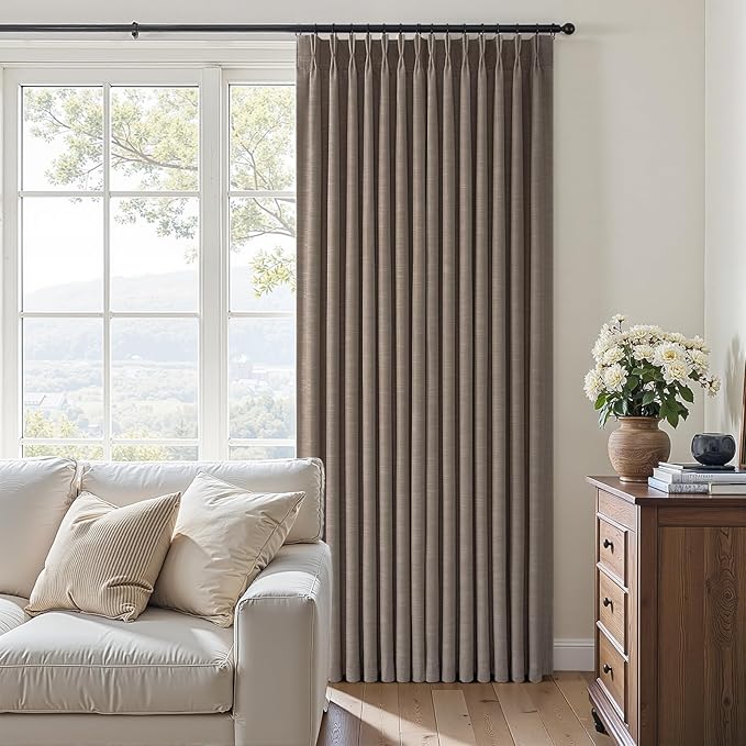 Topfinel 100% Blackout Pinch Pleated Curtains for Track System, Dark Flax Thick Blend Linen Bedroom Curtains, Decorative Elegant Lined Nursery Drapes 2 Panels Cozy Rustic Boho Style Dark Brown