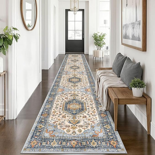 KUTA Vintage Washable Runner Rug 2.6x14, Non-Slip Hallway Kitchen Runners Ivory Blue with Rubber Backing, Ultra Soft Printed Medallion Extra Long 14ft Carpet Rugs Indoor for Stairs