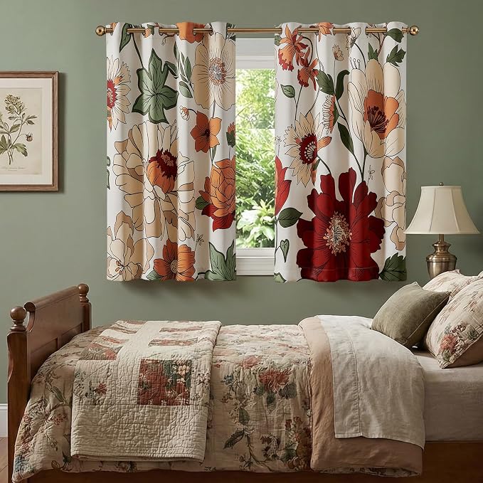 jinchan Lora Floral Curtains for Bedroom Blackout Drapes for Living Room Darkening Fabric Vintage Beige Boho Flower Pattern Fall Decor Window Curtains 63 Inches Length 2 Panels with Grommet