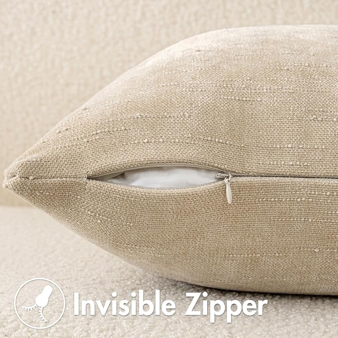 MIULEE Textured Couch Pillow Covers 20x12 Inch Pack of 2,Beige Soft Thick Solid Lumbar Decorative Chenille Throw Pillows Neutral Farmhouse Cushion Covers Modern Home Decor for Sofa Bedroom Living Room
