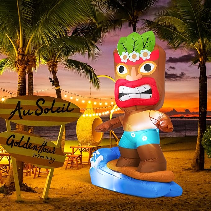 Shappy 5 ft Inflatable Tiki Surfboard Decorations Luau Hawaiian Party Decorations Summer Inflatables Outdoor LED Lighted Tiki Blow up Beach Tropical Pool Surfing Yard Party Supplies Favors