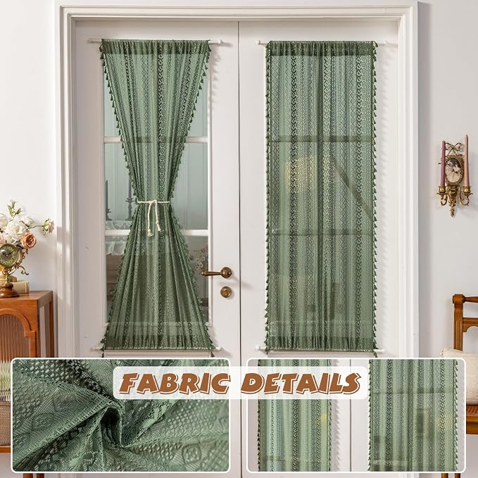 Sutuo Home Olive Green French Door Curtains for Front Glass Door & Sidelights, Semi Sheer Farmhouse Bohemian Rustic Tassels Vintage Privacy Christmas Festival Decor, Rod Pocket 2 Panels 25" W x 72" L
