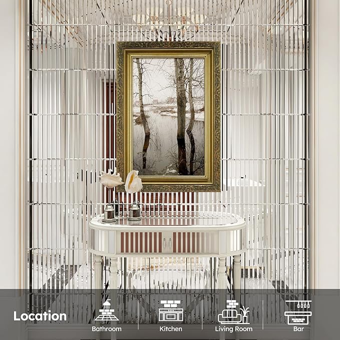 Diflart Mirror Peel and Stick Tile, 1.8 x 11.8 Inch, Beveled Mirror Strip Backsplash Tiles for Kitchen Bathroom Bar Accent Wall, Pack of 5 Sheets (Silver, 1.18x11.8 Inch)