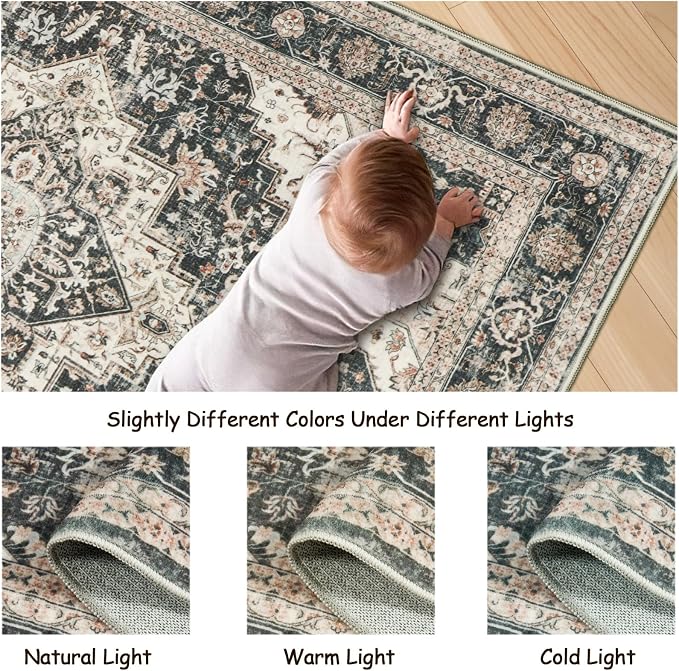 Roxstand 5x7 Washable Area Rug, Non Slip Low Pile Rug, Black/Beige | Non-slip Backing,Low Pile Carpet,Stain Resistant, Rugs for Living Room, Bedroom, Dining Room, Office