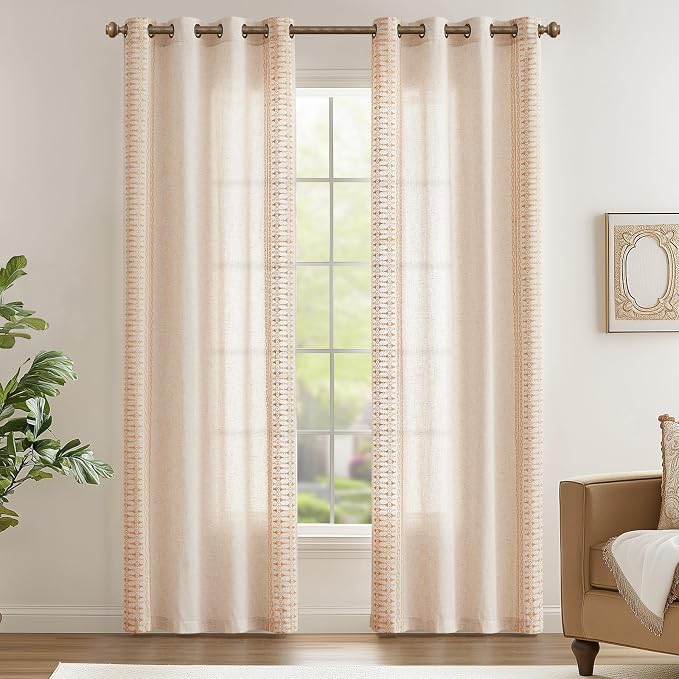 jinchan Boho Curtains Embroidered Linen Blend Window Curtains for Bedroom, Drapes 84 Inch Length 2 Panels Set, Geometry Grommet Bohemian Window Treatments Set for Living Room Gold on Beige