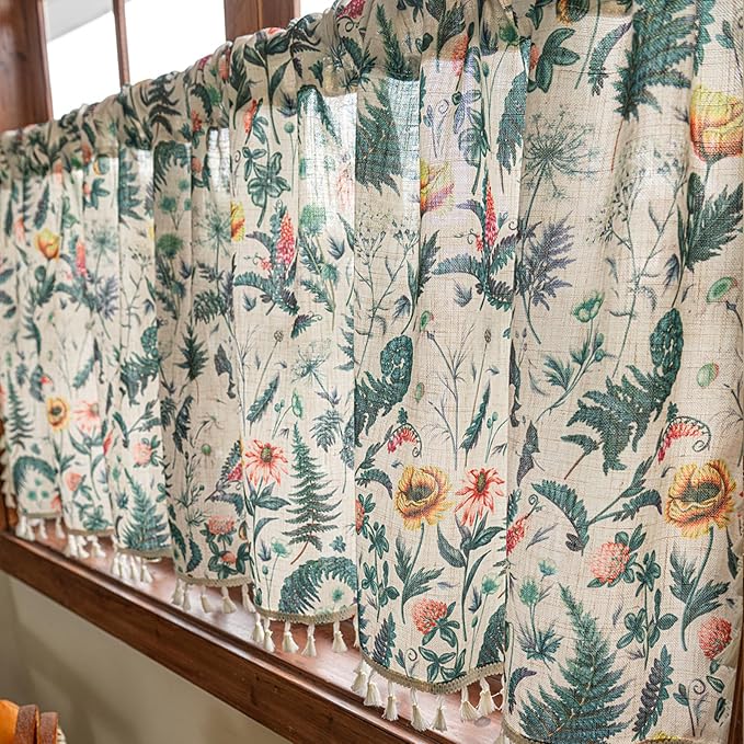 Deeprove Boho Valance Curtain 18 Inch with Tassels, Green Fern Leaf Textured Kitchen Window Sheer Linen Look Short for Spring Summer Cafe Closet Farmhouse Country Style Privacy 1 Panel 52W x 18L
