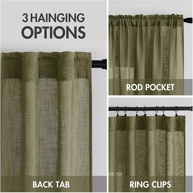 MIULEE Light Olive Green Linen Curtains 72 Inch Length 2 Panels for Bedroom Living Room, Soft Linen Textured Natural Window Drapes Semi Sheer Light Filtering Back Tab Rod Pocket Burlap Look Decor
