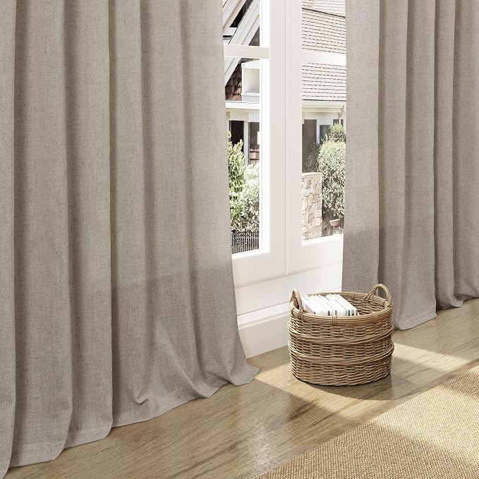 Ecru Linen Curtains 132 Inch Length for Living Room Light Filtering Semi Sheer Curtain Back Tab Rustic Farmhouse Decor Burlap Elegant Drapes Floor to Ceiling High Window for Bedroom 52x132, 2 Panels