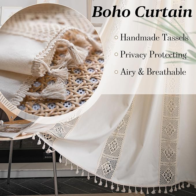 Sutuo Home Boho Curtain Crochet Lace Patchwork Semi-Blackout Bohemian Handmade Tassels, Rod Pocket Window Treatment Vintage Rustic Farmhouse Drapes for Living Bedroom, 1 Panel 59" W x 72" L, Beige