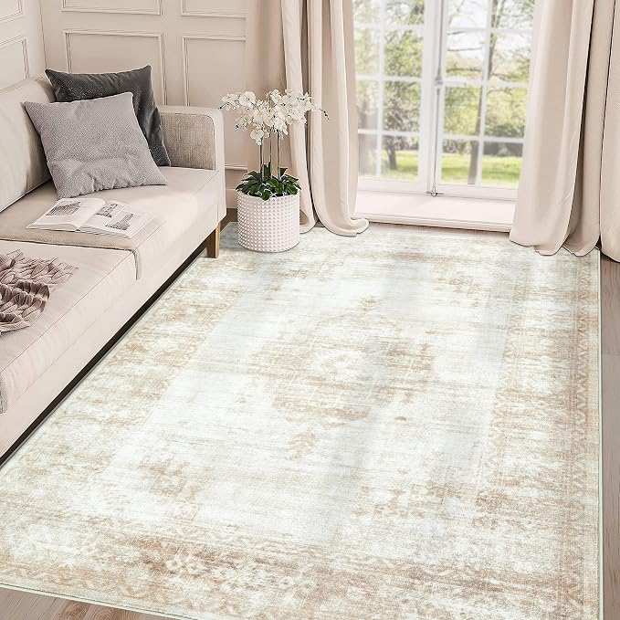 Aoyaomi Vintage Living Room Area Rug - 5x7 Large Machine Washable Boho Moroccan Distressed Farmhouse Rugs for Bedroom - Soft Non-Slip Indoor Floor Accent Rugs for Office Dining Room (Beige, 5' x 7')