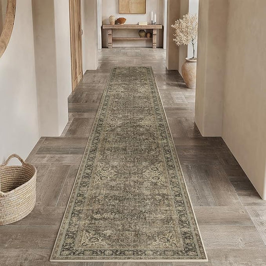 2x12 Washable Runner Rug Brown Vintage Non Slip Soft Low Pile Hallway Kitchen Rug Distressed Oriental Carpet for Laundry Bathroom Bedroom Living Room Home Decor