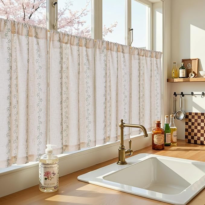 jinchan Katy Linen Floral Kitchen Curtains 36 Inches Length Stripe Cafe Curtains Farmhouse Cottagecore Tier Small Window Drapes for Living Room Light Filtering Rod Pocket 2 Panels Sage Green on Linen