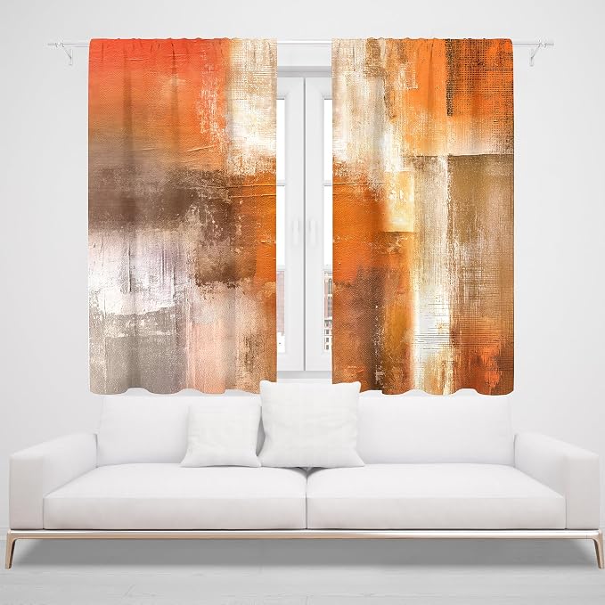 MESHELLY Abstract Burnt Orange Curtains 42Wx45H Inch Rod Pocket Gray Rust Brown Bedroom Window Drapes Watercolor Grey Oil Painting Farm Retro Modern Aesthetic Printed Living Room Window Treatment