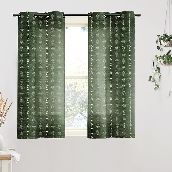 Bathroom Curtains Window,Boho Sheer Dark Olive Green Short Curtain for Bedroom 45 Inch Length