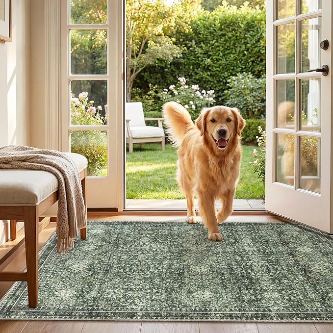 Sasttie 3x5 Rug, Ultra-Soft Washable Rug, Low Pile Foldable Thin Carpets with Non-Slip Backing, Skin-Friendly Stain Resistant Carpet for Living Room, Bedroom, Kitchen, Dorm, 3x5, Dark Green