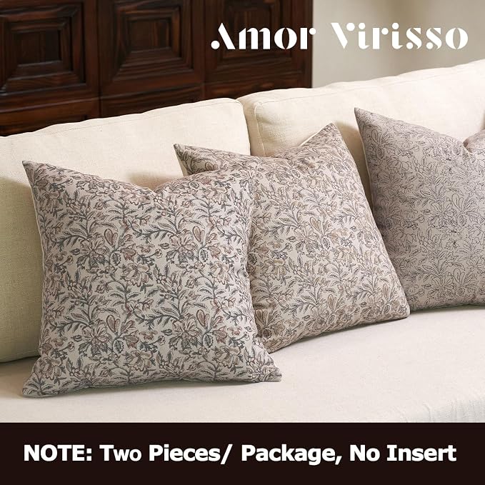 Amor Virisso Floral Throw Pillow Covers 20x20 Set of 2 Vintage Block Print Pillow Covers Decorative Pillow Covers Couch Pillows for Living Room Farmhouse Accent Sofa Pillows, Green/Sand