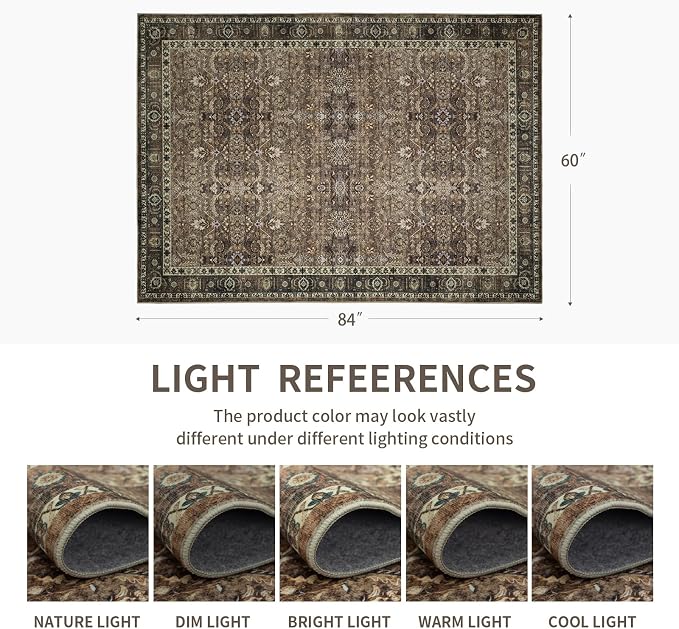 5x7 Vintage Washable Area Rug for Living Room,Non Slip Boho Carpet Non-Shedding Area Rug Soft Indoor Stain Resistant Rug Floral Print Mat for Bedroom Dining Room Brown Floral
