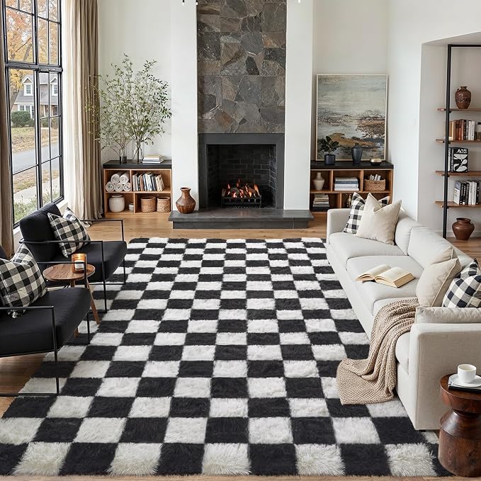 PureCozy Checkered Rug 7x10 for Living Room, Black and White Modern Shag Rugs Super Soft Washable Indoor Office Fuzzy Carpet Non-Slip Fluffy Rugs for Bedroom Home Aesthetic Decor