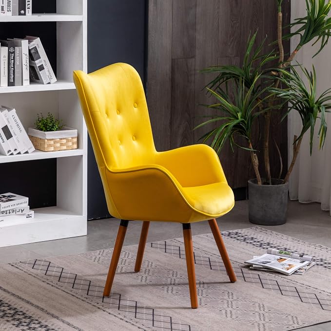 Roundhill Furniture AC155YL Doarnin Silky Velvet Tufted Button Accent Chair, Yellow 30D x 41.5W x 26.8H in