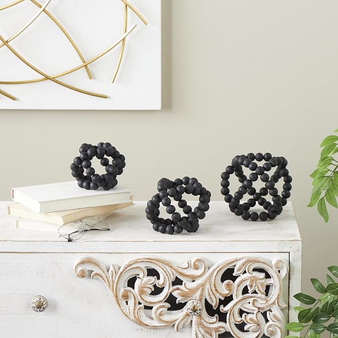 Deco 79 Wood Decorative Orbs & Vase Filler Beaded Decorative Balls with Overlapping Rings, Set of 3 Vase Filler 6', 5', 4'H, Black