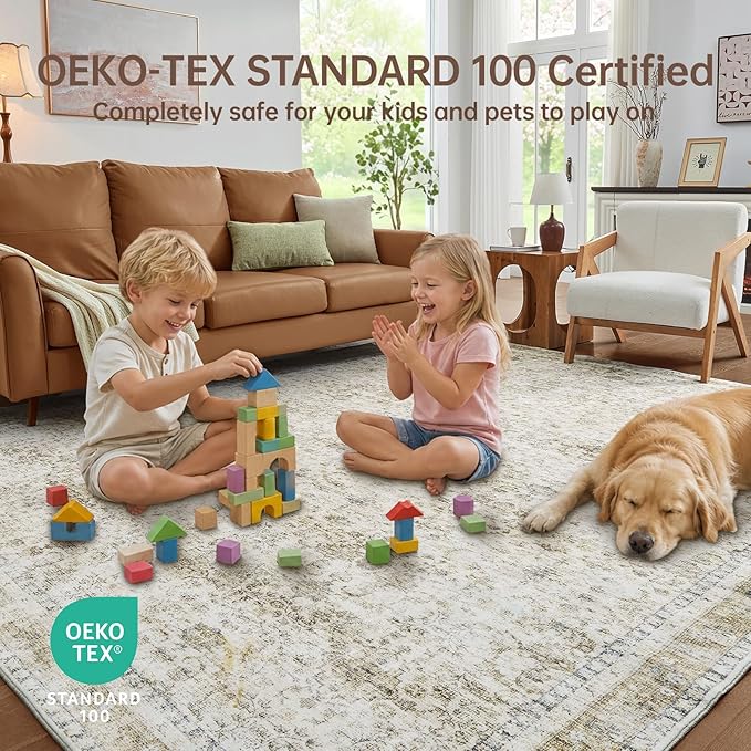 Sasttie 5x7 Area Rugs, Ultra-Soft Washable Rug, Low Pile Foldable Thin Carpets with Non-Slip Backing, Skin-Friendly Stain Resistant Carpet for Living Room, Bedroom, Kitchen, Dorm, 5x7, Beige
