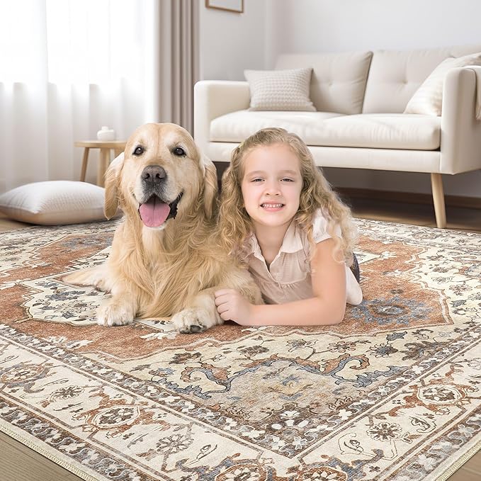 10x12 Washable Area Rug: Vintage Neutral Soft Non Slip Thin Large Floor Carpet for Living Room Bedroom Kitchen Dining Room Home Office Farmhouse Indoor - Brick Red