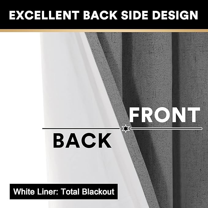 PrinceDeco 100% Blackout Curtains for Bedroom 63 Inches Long 2 Panels Set Anti-Rust Grommet Room Darkening Curtains & Drapes Linen Textured Window Treatment Drapes with White Liner, Grey