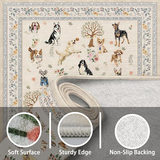 Beige Area Rugs 9x12 Living Room, Washable Dog Rug Non Slip Floral Low Pile Large Rug for Living Room, Bedroom, Farmhouse, Dining Room, Kids Playroom(9 x 12, Beige)