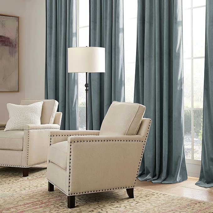 RYB HOME Blue Velvet Curtains 108 inch, Solid 2 Layers Blackout Window Curtains for Living Room Light & Draft Block Privacy Backdrop with Pleat Tape, Stone Blue, W48 x L108 inch, 1 Panel