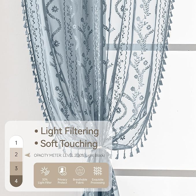 WAZZIO Boho Lace Curtains 2 Panels 84 Inch -Victorian Sheer Panel Drape French Country Floral Pattern & Tassel Light Filtering Privacy for Bedroom Dining Living Room,Coastal Decor,Dusty Blue,W52x L84