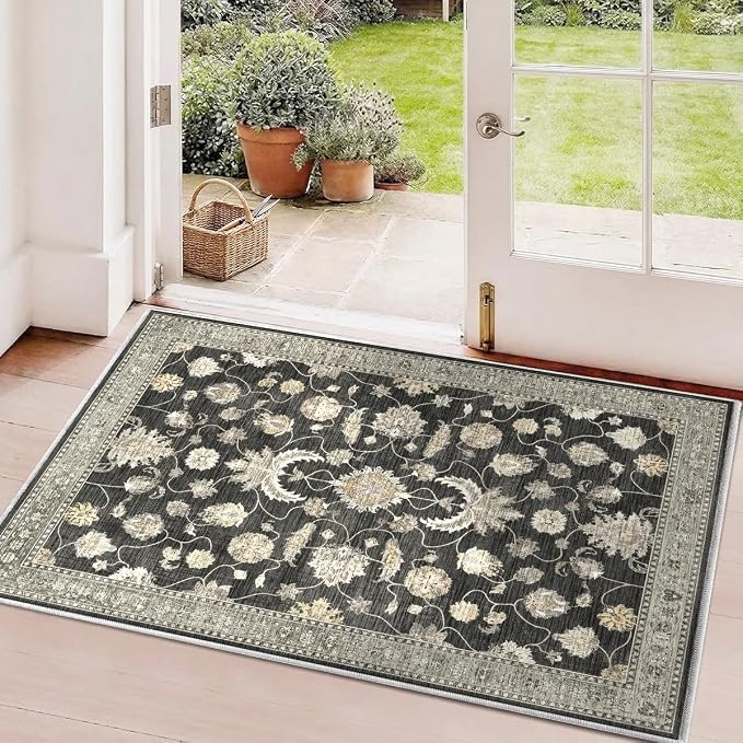 2x3 Rug for Entryway Hallway-Vintage Farmhouse Boho Floral Neutral Washable Stain Resistant Indoor Rugs for Home Decor(Black&Gold)