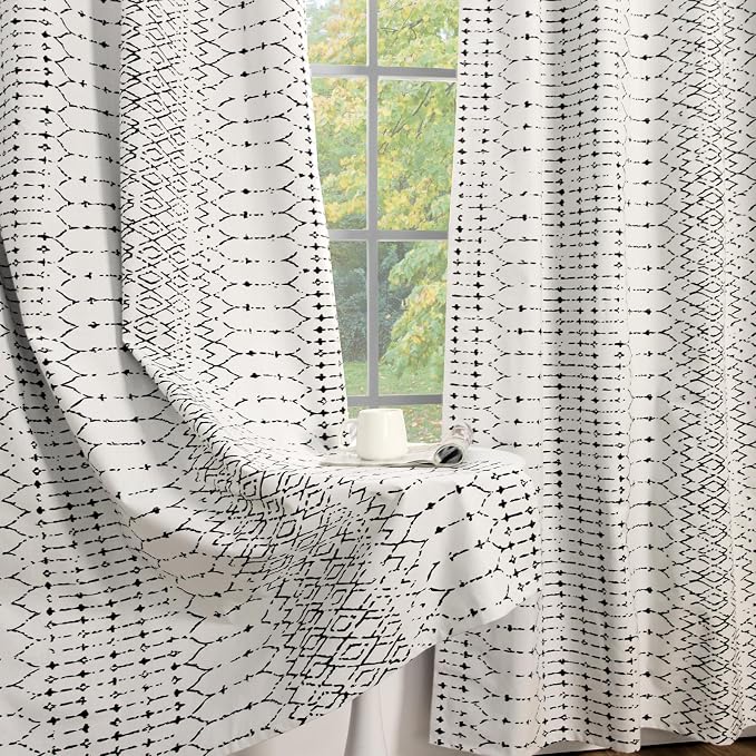 ColorBird 100% Blackout Heat Blocking Boho Curtains for Bedroom 84 Inches Black and White Sun Blocking Thermal Curtains & Panels for Living Room Striped Western Geometric Room Decor