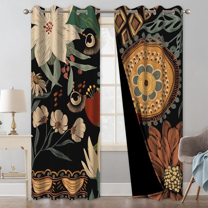 Black Boho Floral Blackout Curtains for Bedroom and Living Room, Grommet Thermal Insulated Room Darkening Curtains 84 Inch Long 2 Panels Set, Light Filtering Privacy Drapes with Curtain Tiebacks