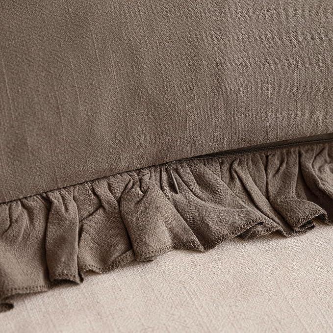 Foindtower Set of 2 Decorative Linen Fringe Ruffle Throw Pillow Covers Soft Boho Farmhouse Cushion Cover Cozy Accent Retro Pillowcase for Couch Sofa Bed Living Room Home Decor,24×24 Inch,Dark Brown
