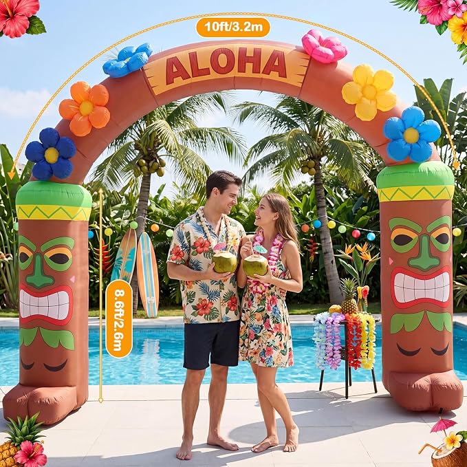 10 Ft Luau Hawaiian Inflatable Archway - LED Lighted Summer Decorations Aloha Tiki Blow Up Arch Party Decor for Summer Tropical Beach Pool Indoor Outdoor Lawn Garden Patio Yard