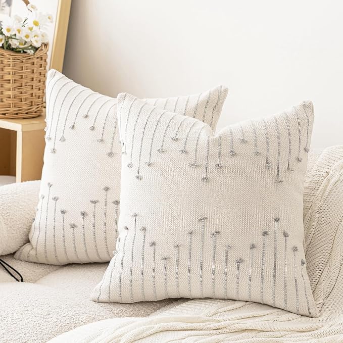 LILEPOY Boho Throw Pillow Covers 18x18 Set of 2 Neutral Decorative Textured Cushion Case Farmhouse Pillowcase Modern Square Pillow Covers for Sofa,Couch, Living Room,Beige and Grey