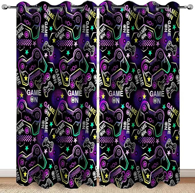 Gamer Gaming Blackout Curtains Teen Boys Girls Colorful Video Game Controller Gamepad Gamer Room Decor Men Son Dad Husband Game Handle Bedroom Room Darkening Grommet Window Drapes 2 Panels, 42"x63"