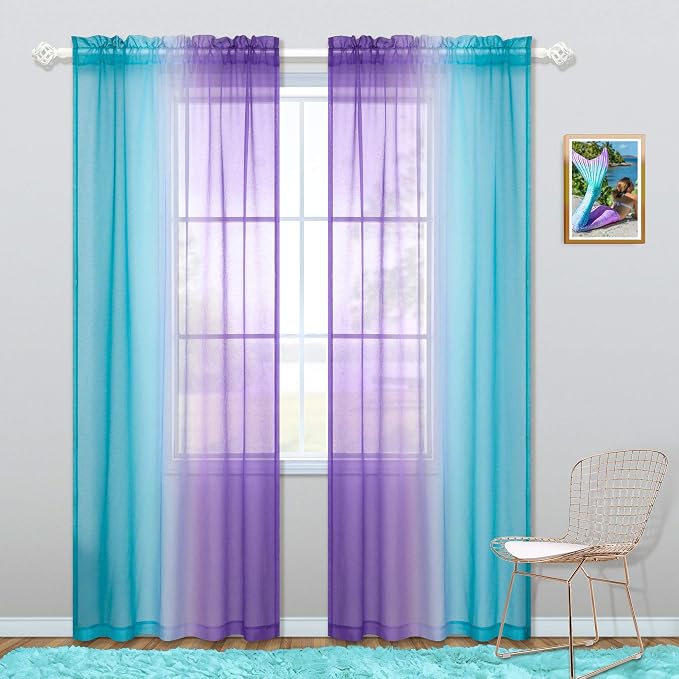 Kids Curtain Rod Pocket for Girls Bedroom Sets Coloful Ombre Aqua Turquoise Teal Lilac Purple Window Sheer Drapes Aesthetic Mermaid Curtains for Teen Room Decor Nursery Living Area 50 x 84 Inch Length