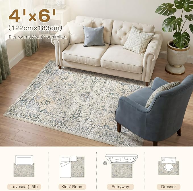 cotiled 4x6 Area Rug Machine Washable Vintage Carpet for Living Room Bedroom Soft Non-Slip Backing Floor Mat Kid & Pet Friendly Stain Resistant Green