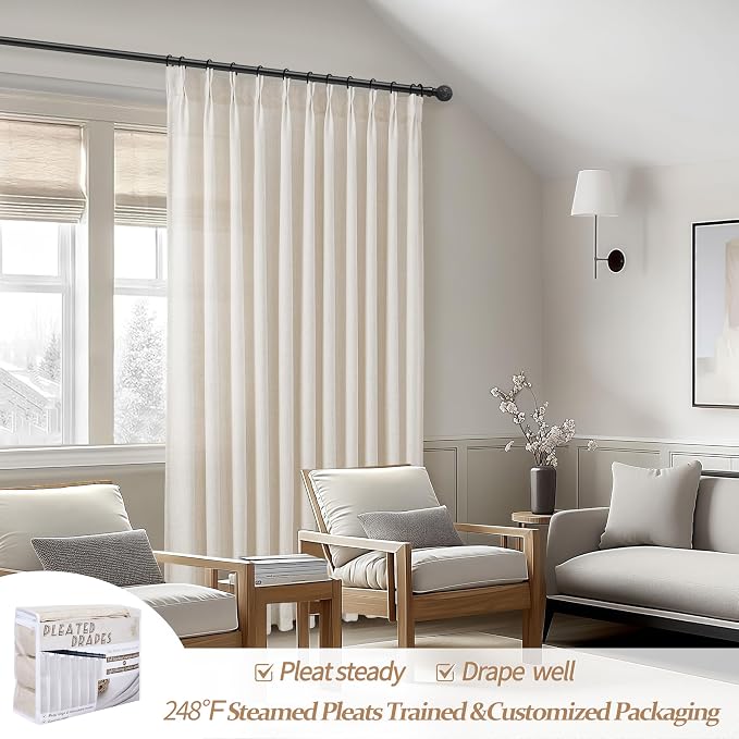 Natural Linen Blend Semi Sheer Curtains 94 Inches Length 2 Panels Set for Nursery Room, Pinch Pleated Light Filtering Ceiling Track System Curtain with Hooks for Bedroom 40 x 94 Inch Length Windows