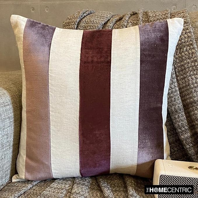 The HomeCentric Cushion Cover, Decorative Berry Pack of 2, 14x14 inch (35x35 cm) Throw Pillow Covers, Velvet Patchwork Throw Pillows for Sofa, Striped Modern Style Easter - Velvet Band Berry