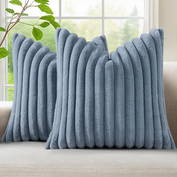 decorUhome Fall Cozy Faux Fur Throw Pillow Covers 16x16 Set of 2 Decorative Soft Plush Striped Modern Farmhouse Boho Couch Pillow Cases with Velvet Back for Sofa Bed Living Room, Grey Blue