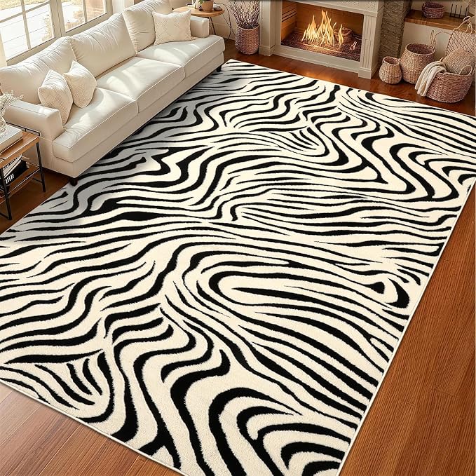 YIHOUSE 9×12 Ft Area Rugs for Living Room: Modern Washable Rug - Abstract Black and Cream White Rug for Bedroom Dining Room Office Playroom Nursery Home Decor - Nonslip Non-Shedding Striped Rugs