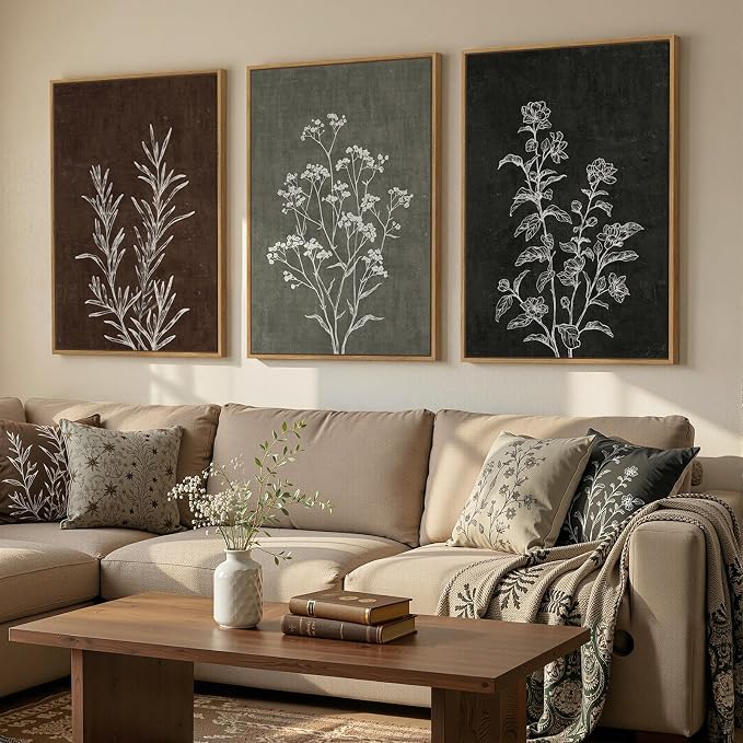 Framed Boho Botanical Wall Art for Living Room, 3 Piece Rustic Floral Canvas Painting Prints, Vintage Framhouse Minimalist Neutral Artwork For Bedroom Hallway Dining Room Wall Decor, 24 x 36 Inch