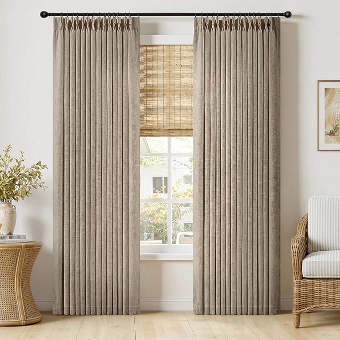 MIULEE Pinch Pleated Thick Linen Curtains 90 Inches Long 2 Panels for Living Room Bedroom, Linen Textured Memory Trained Pleat Drapes Back Tab Light Filtering Grey Beige Window Curtains with Hooks