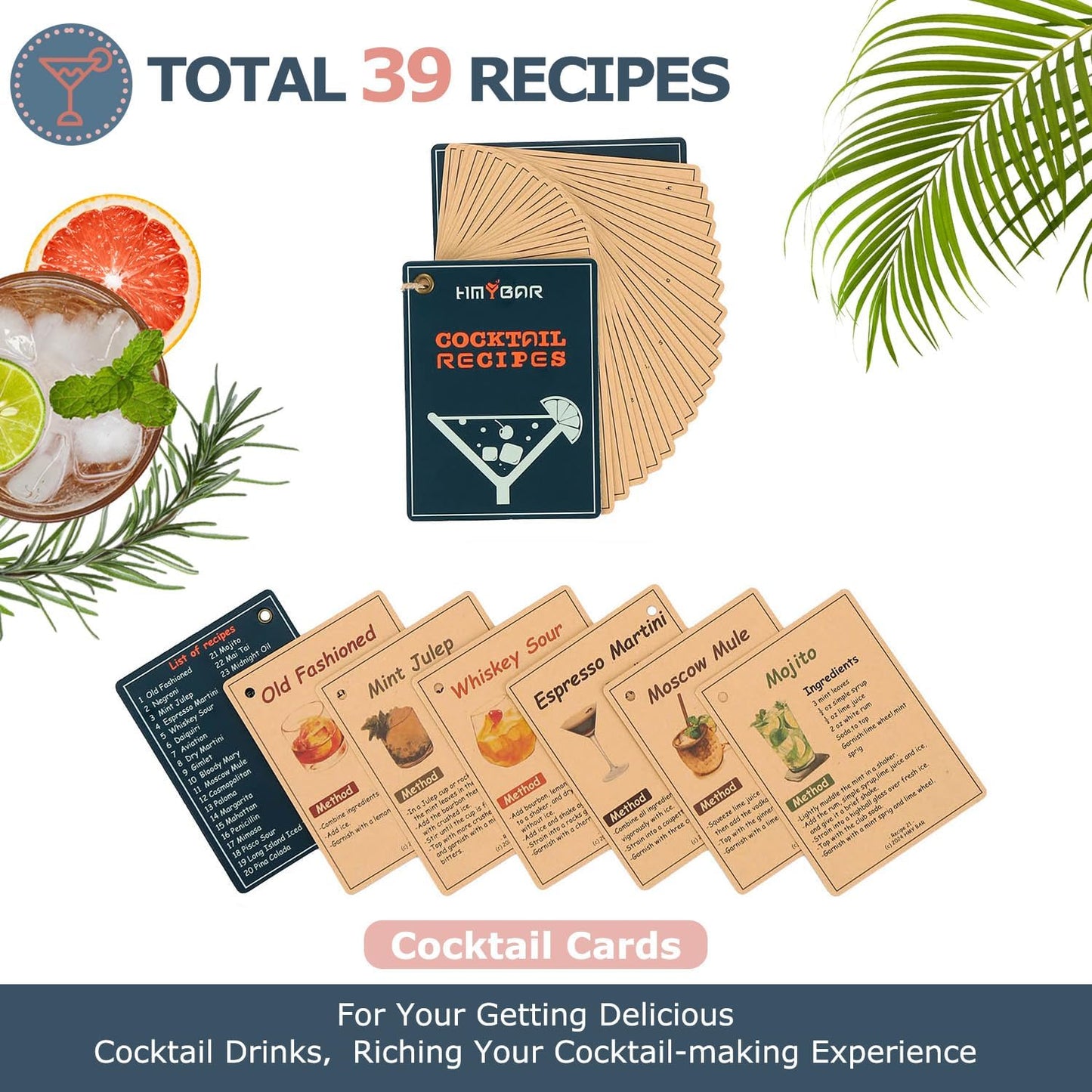 HMYBAR® Mixology Bartender kit | Cocktail Shaker Set | Boston Shaker Set, 20/28 OZ | Martini Making Set for Home Bar. Total 31 pcs incl 39-Recipe Cocktail Cards. Silver Tools. Bamb Stand Black Color