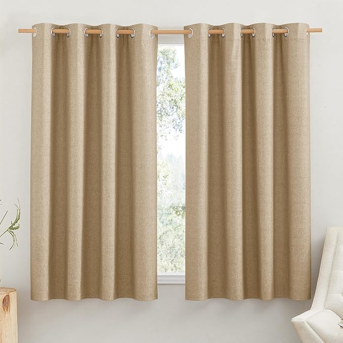 NICETOWN 100% Absolutely Blackout Linen Curtains with Thermal Insulated White Liner, Camel, 52" Wide by 45" Long, 2 Pieces, Linen Blend Window Drapes Privacy Window Treatments for Bedroom/Kids Room