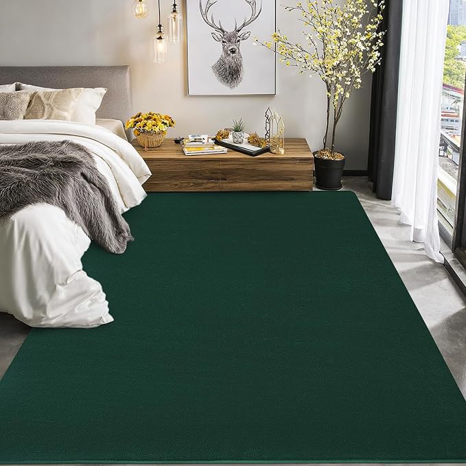 qulint Dark Green Rug for Bedroom 4x6, Washable Thickened Memory-Foam Indoor Living Room Area Rug, Minimalist Modern Carpet Non Slip Comfy Alfombras for Boys Girls Kid Room Nursery Office Home Decor