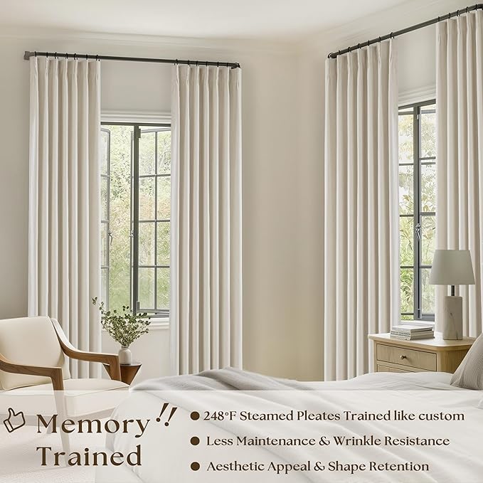 Linen Beige Black Out Curtains 63 Inch Long for Bedroom Pinch Pleated with Rings Hooks Back Tab Thermal Insulated Short Length Linen Blackout Drapes Farmhouse Living Room Darkening Kitchen Curtains