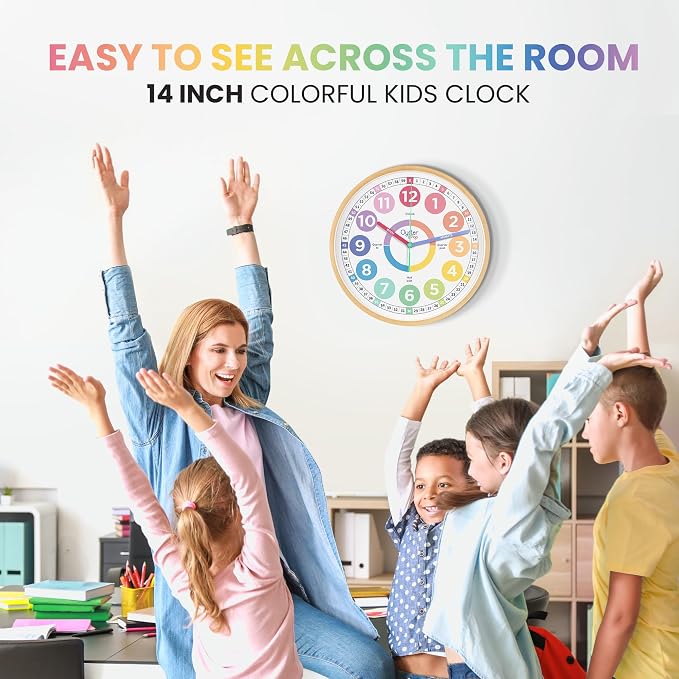 Oyster&Pop Kids Clock - Silent 14" Analog Learning Wall Clock - Award-Winning Telling Time Teaching Clock for Kids - Large for Classrooms Homeschool & Bedrooms - Includes eBook